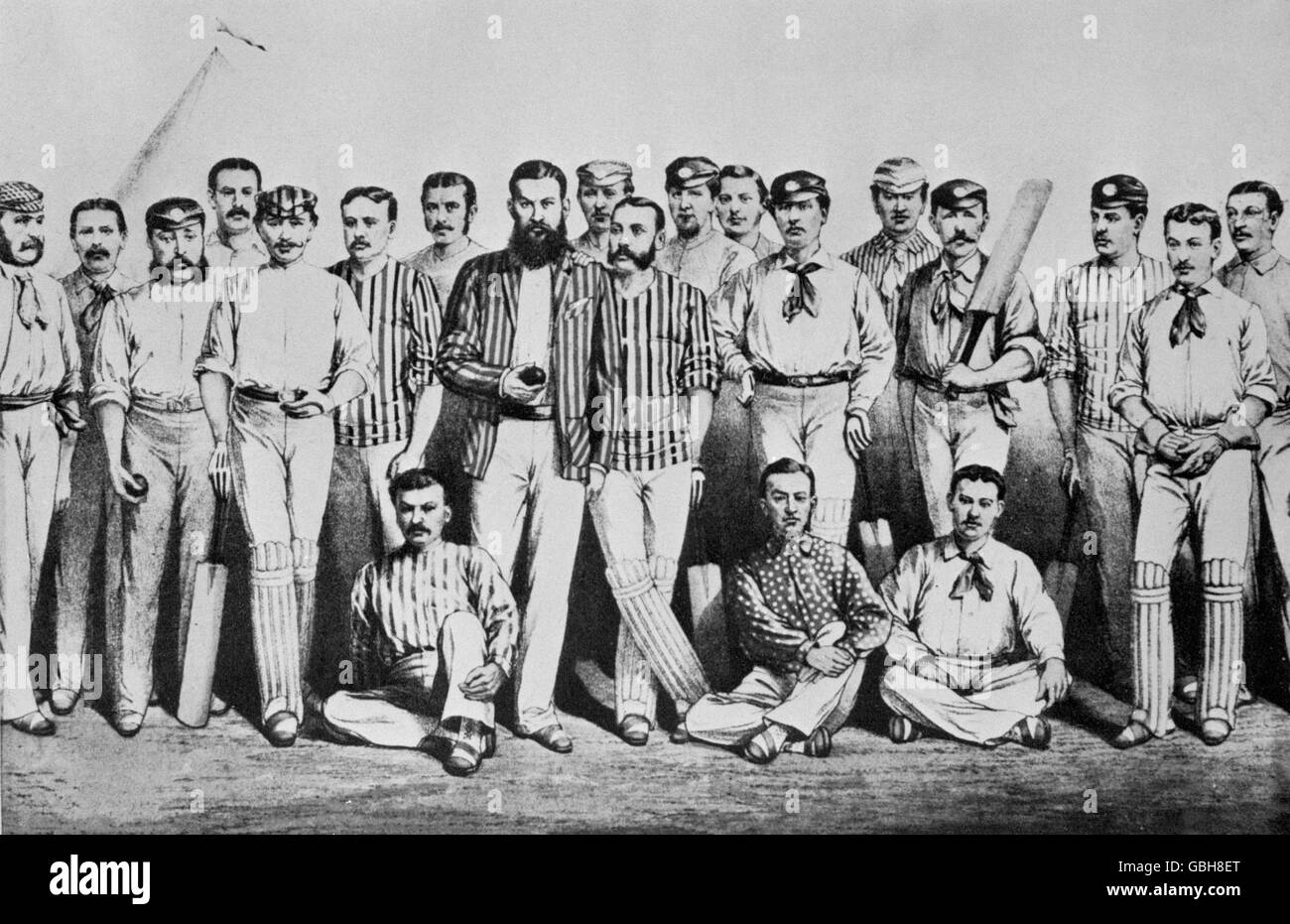 L'équipe de cricket de l'Angleterre en 1880. De gauche à droite, James Lillywhite, John Selby, Alfred Shaw, George Ulyett, Lord Harris, Walter Gilbert, Harry Jupp, Albert Hornby, W.G Grace, Bunny Lucas, G.F Grace, William Oscroft, Allan Gibson Steel, Ted Pooley, Richard Daft, Alexander Webbe, Tom Emmett, Billy Bates, Richard Morrim et Richard Merring. Banque D'Images