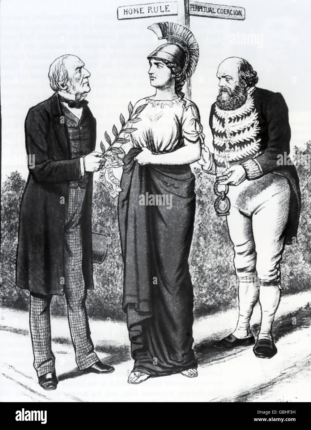 HOME RULE Britannia se situe entre l'offre d'accueil de Gladstone et la règle 'contrainte' perpétuel offert par Lord Salisbury. Caricature de caricaturiste nationaliste irlandais John Dooley (Reigh Reigh J D)L'un des nombreux vendues à l'unité d'impression. Banque D'Images