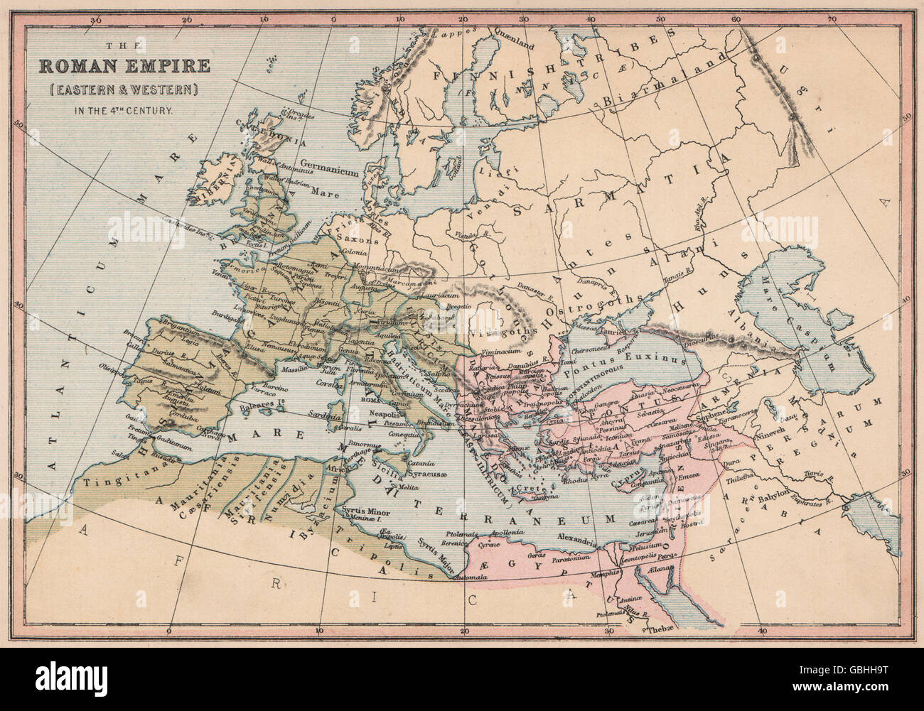 4ème siècle l'Europe : l'Empire romain (l'Est et l'Ouest) . COLLINS, 1880 map Banque D'Images