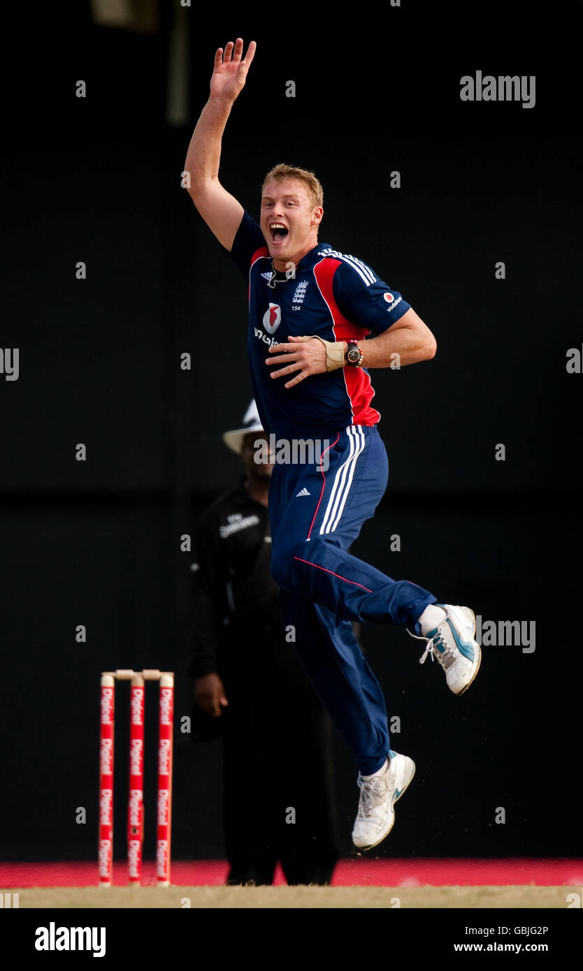 Andrew Flintof, de l'Angleterre, célèbre le rejet de Ramnaresh Sarwan des Indes occidentales lors de l'internationale One Day au stade Beauséjour, à gros Islet, à Sainte-Lucie. Banque D'Images