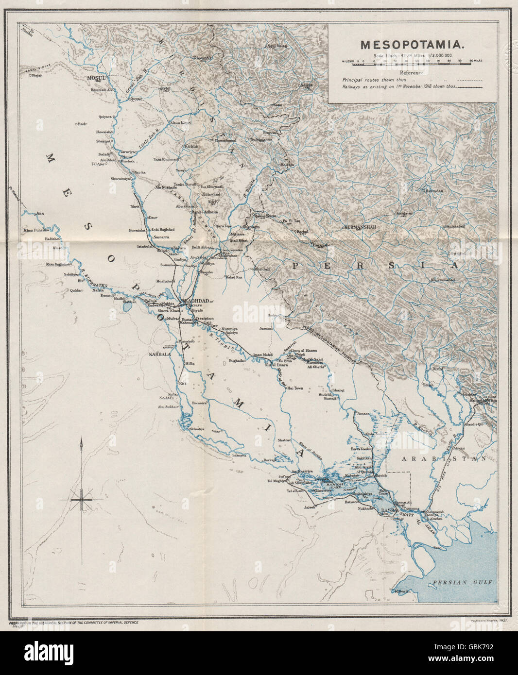 Première Guerre mondiale : la Mésopotamie. L'Iraq. 1918, 1937 Routes Chemins carte vintage Banque D'Images