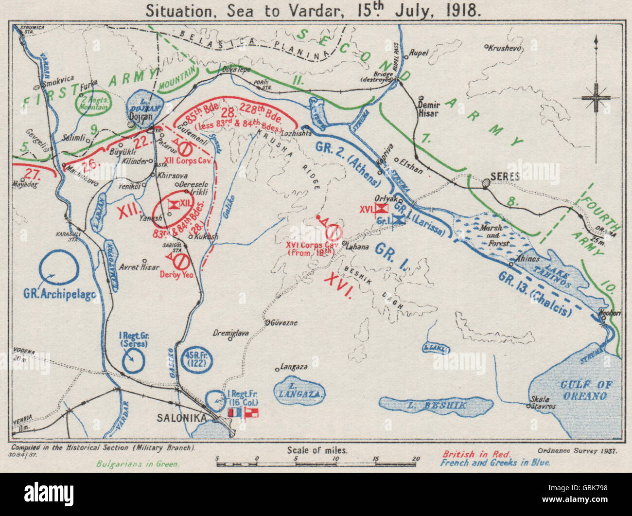 WW 1 : Macédonien avant. Juillet 1918. Thessalonique. La Française des Grecs, 1937 map Banque D'Images