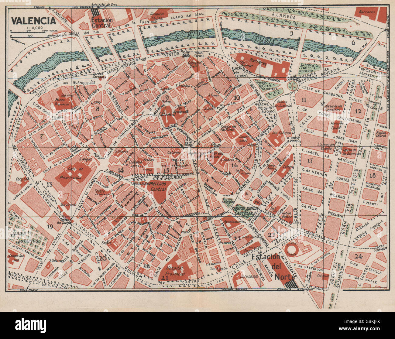 Valence. Plan Plan de la ville ville vintage. Espagne, 1930 Banque D'Images