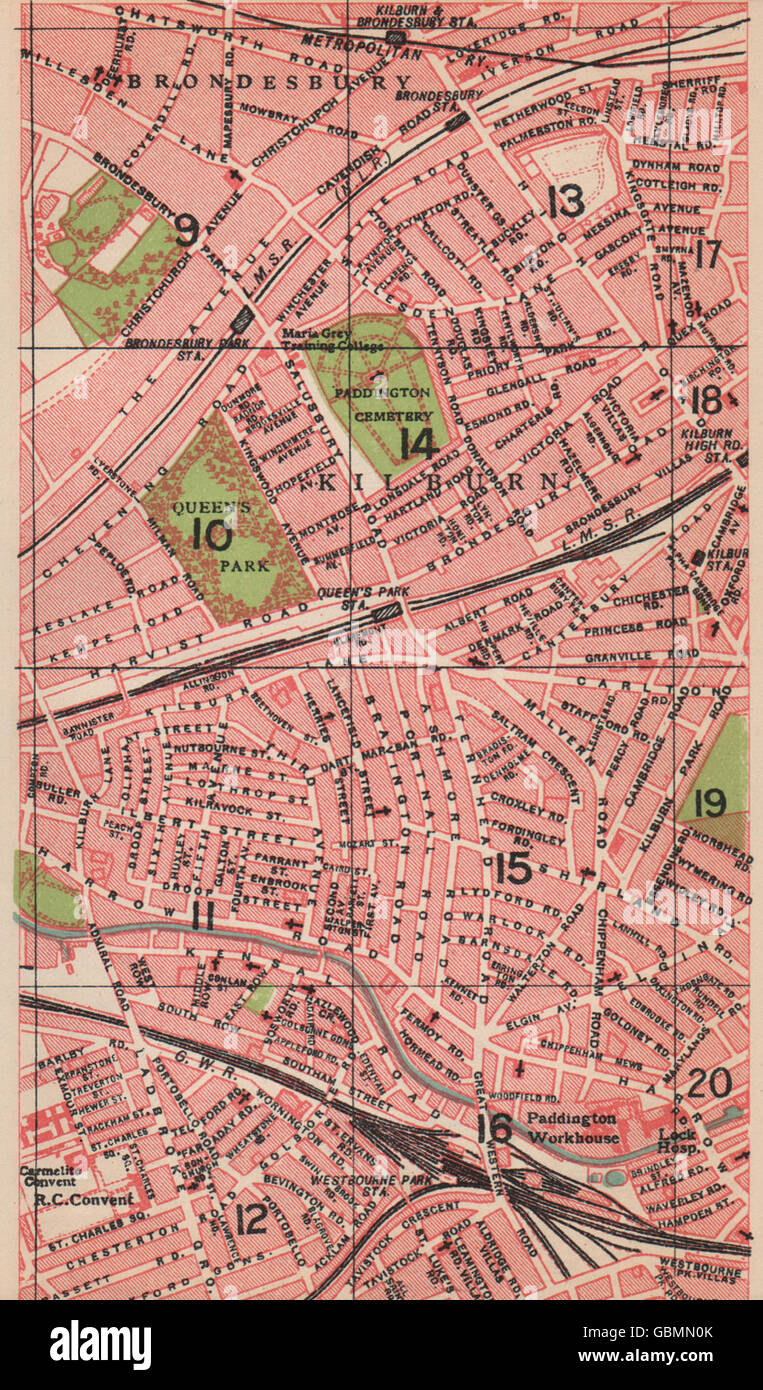 Londres NW. Queen's Park Kilburn Brondesbury Westbourne Park, 1927 carte vintage Banque D'Images