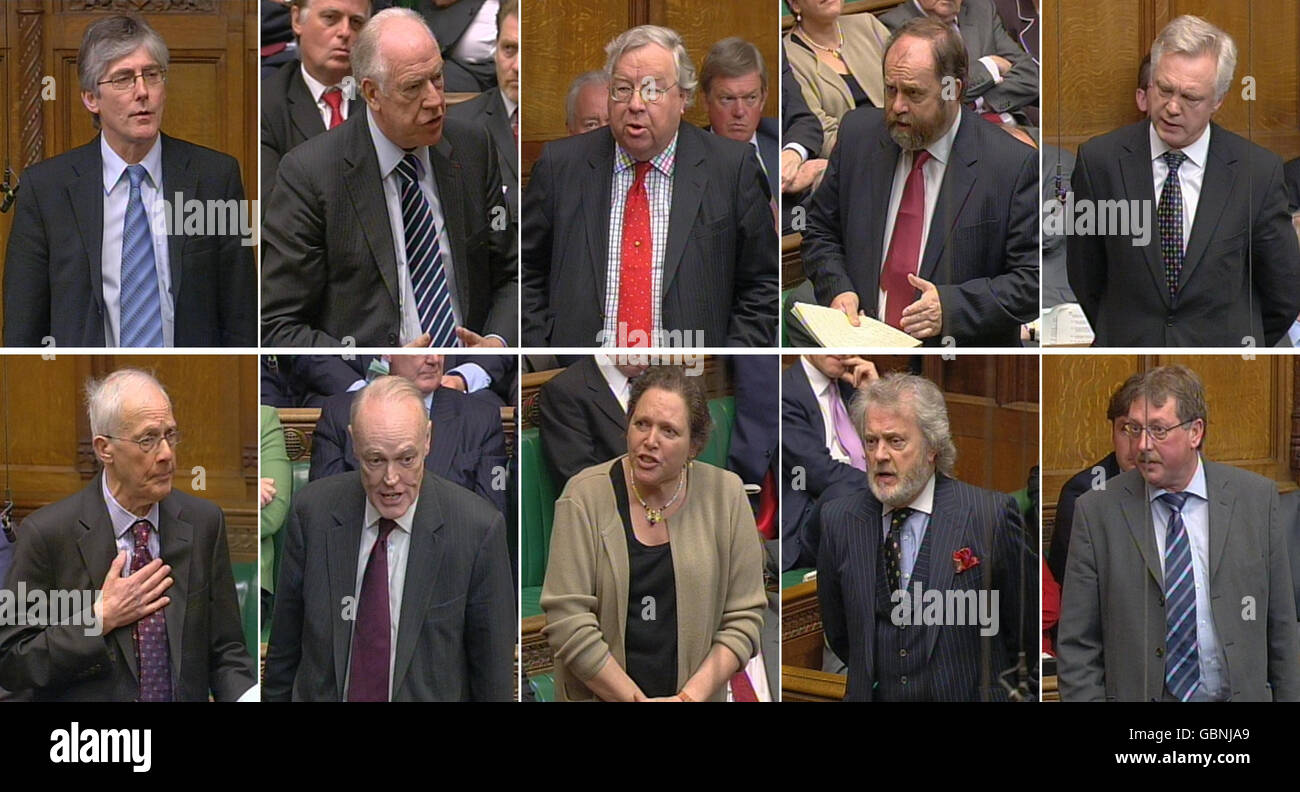 (Rangée supérieure, de gauche à droite) Gordon Prentice, Stuart Bell, Patrick Cormack, David Heath et David Davis.(Rangée du bas, de gauche à droite) Winnick, Richard Shepperd, Susan Kramer, Mike Handcock et Sammy Wilson, certains des députés qui ont soulevé des points au Règlement après que le Président de la Chambre des communes, Michael Martin, a fait une déclaration à la Chambre. Banque D'Images