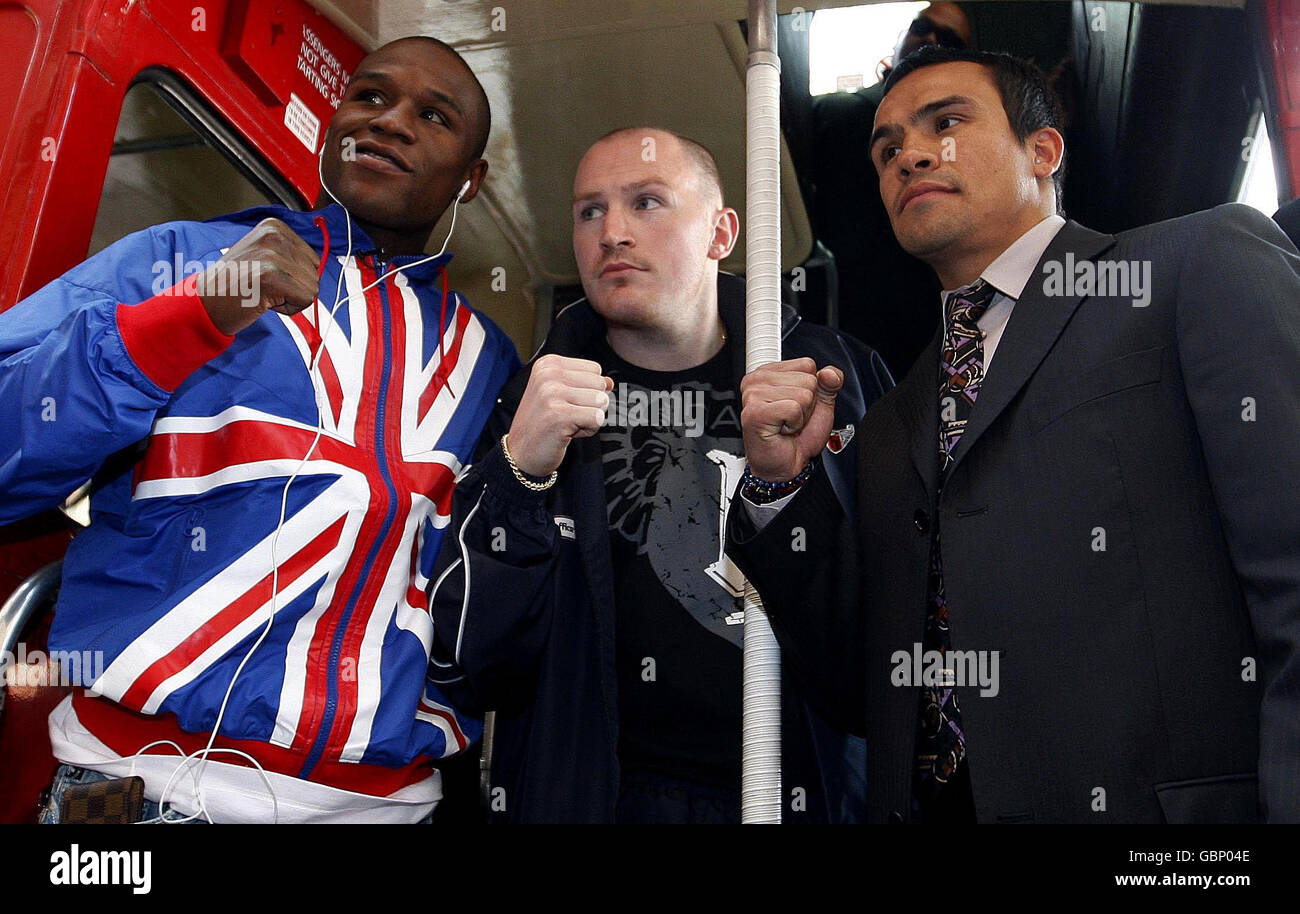 Floyd Mayweather aux États-Unis, Matthew Hatton en Angleterre et Juan Manuel Marquez au Mexique lors d'une séance photo près du Landmark Hotel, Londres. Banque D'Images