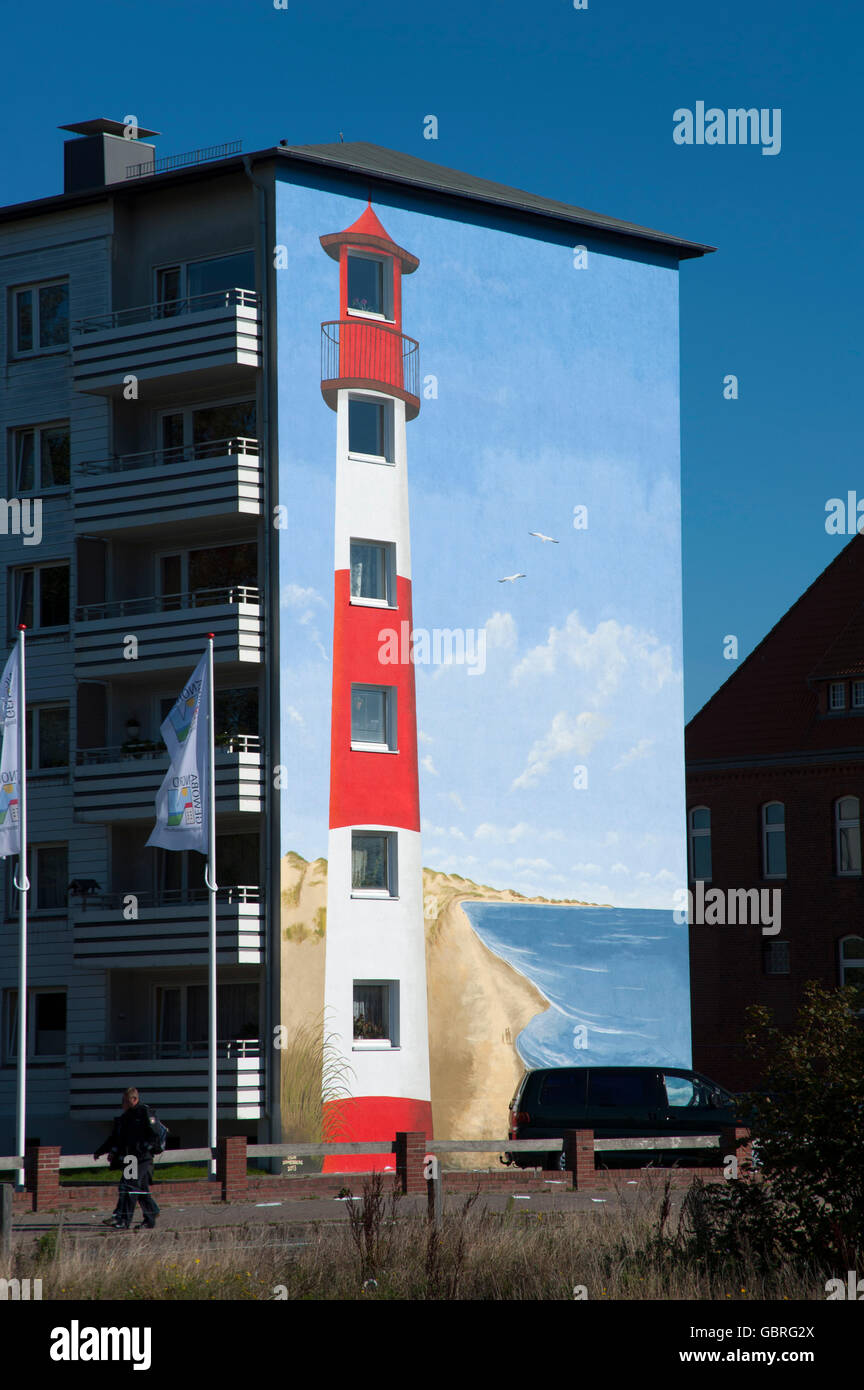 Phare avec maison peinte, peinture murale, Westerland, Sylt, Frise du Nord, Schleswig-Holstein, Allemagne Banque D'Images