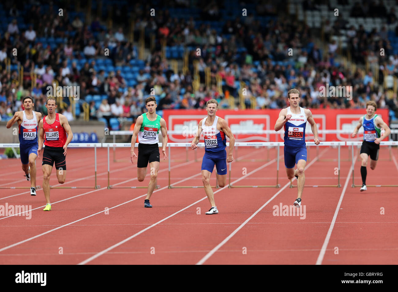 PAUL Jacob, Rhys Williams, Tom BURTON, Sebastian RODGER, Jack GREEN & Jack Houghton, men's 400m haies, finale du Championnat britannique 2016, Birmingham Alexander Stadium UK. Banque D'Images