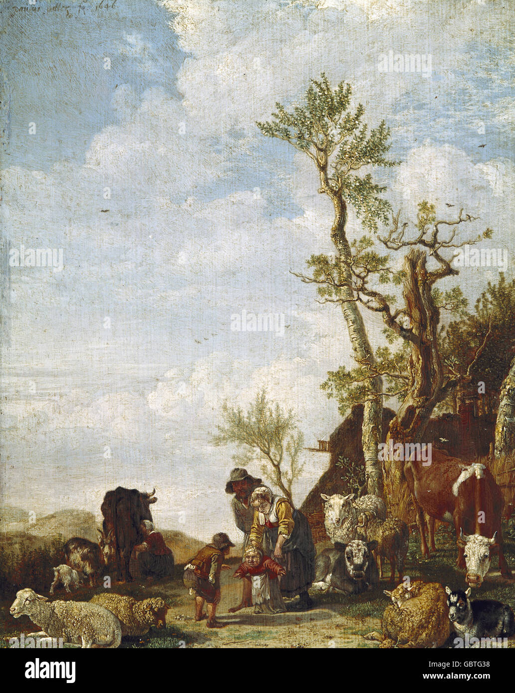 Beaux-arts, Potter, Paulus, (1625 - 1654), peinture, 'la famille d'agriculteurs avec les bovins à l'extérieur de la cabane', Alte Pinakothek, Munich, Banque D'Images