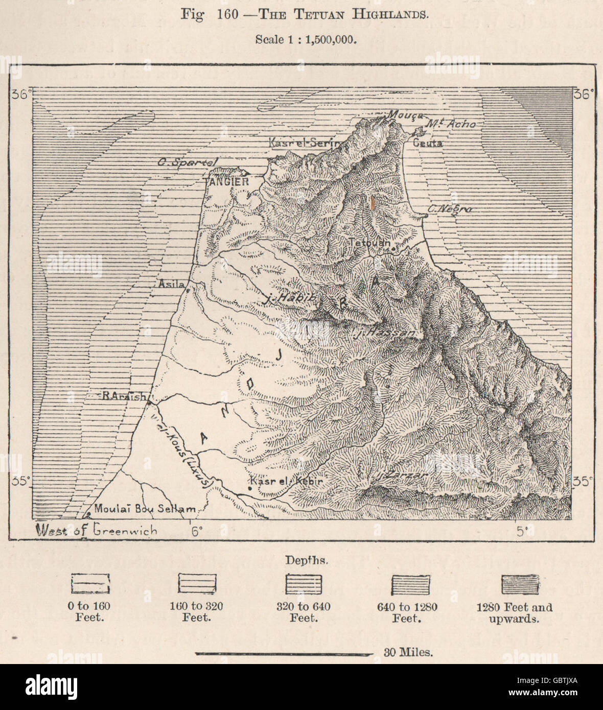 Les hautes terres de Tétouan. Montagnes du Rif. Maroc, 1885 carte antique Banque D'Images
