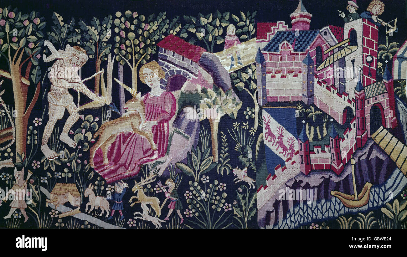 Beaux-arts, goblin, unicorn hunt, Frankish, milieu du 15e siècle, Musée national de Bavière, Munich, Banque D'Images