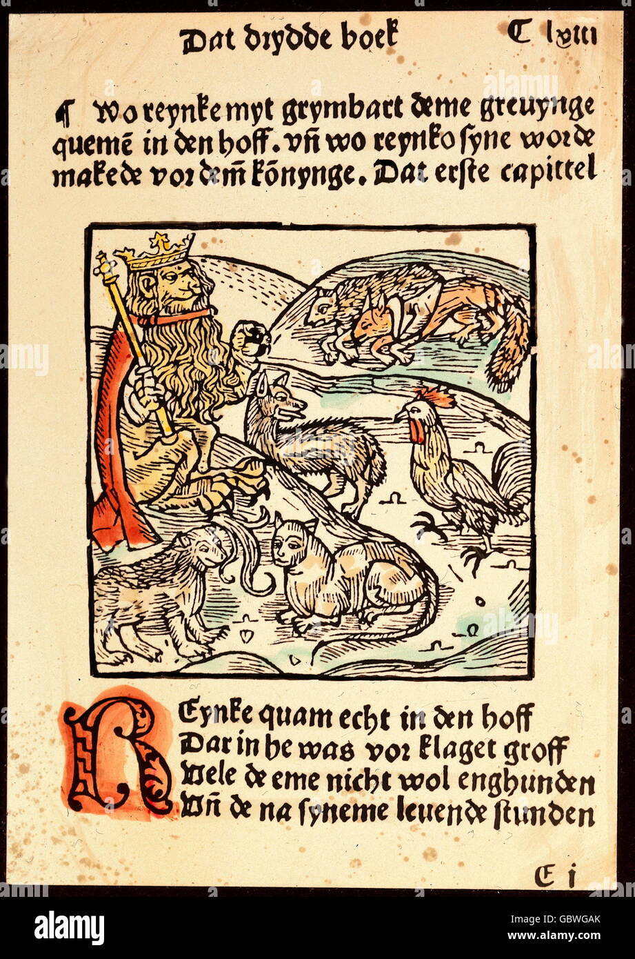 Littérature, 'Reinecke Fuchs', fable par Heinrich de Glichesaere, vers 1185, 3ème livre, roi Nobel en jugement, bois de couleur, Luebeck, vers 1498, collection privée, Additional-Rights-Clearences-Not Available Banque D'Images