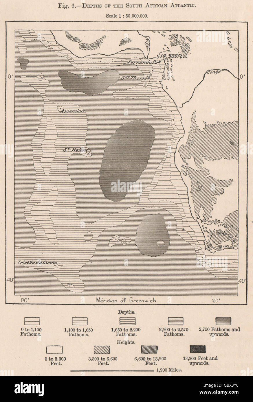 Profondeurs de l'Atlantique de l'Afrique du Sud, 1885 carte antique Banque D'Images