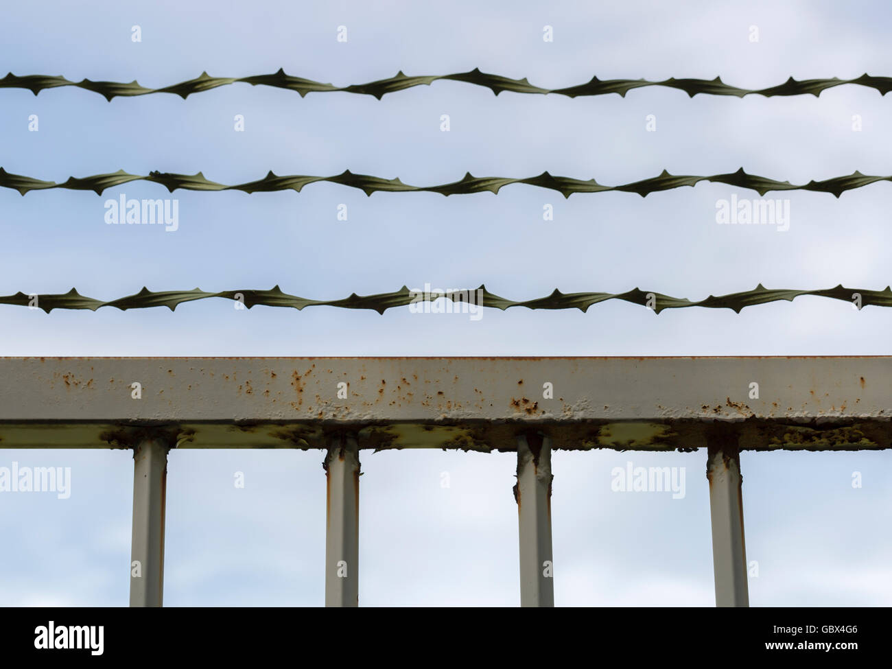 Grille rouillée avec du fil de fer barbelé avec ciel derrière elle. Banque D'Images