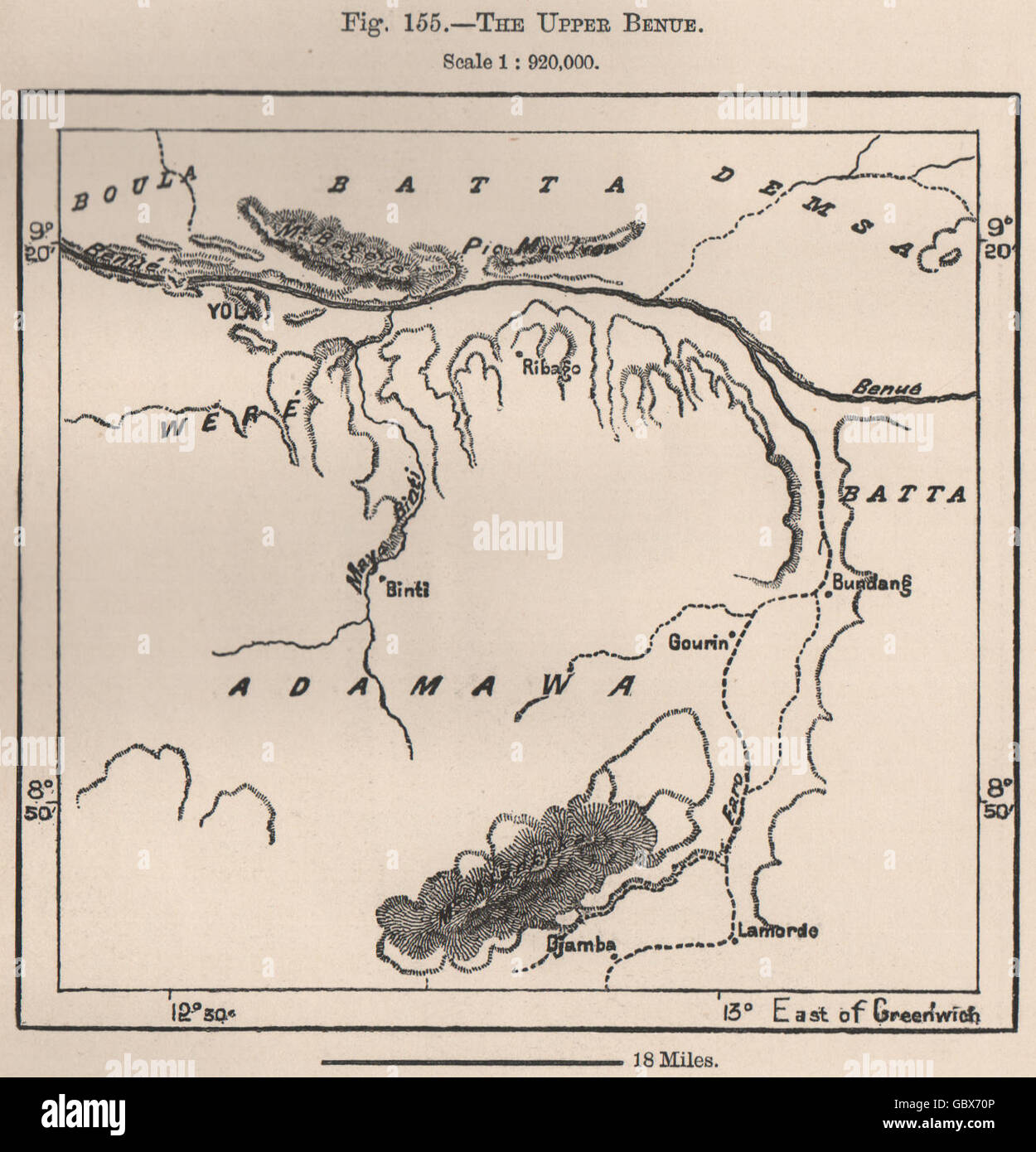 La partie supérieure de la rivière appelée Benoué. Yola. Cameroun/Nigeria. Le bassin du Niger, 1885 Ancien site Banque D'Images