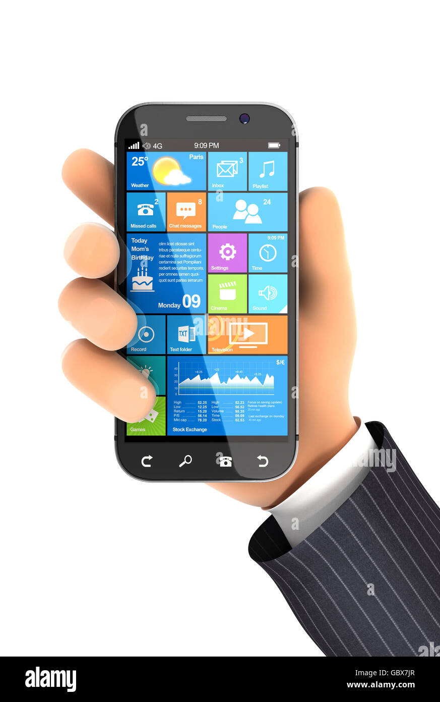 3d hand holding smartphone, illustration avec fond blanc isolé Banque D'Images