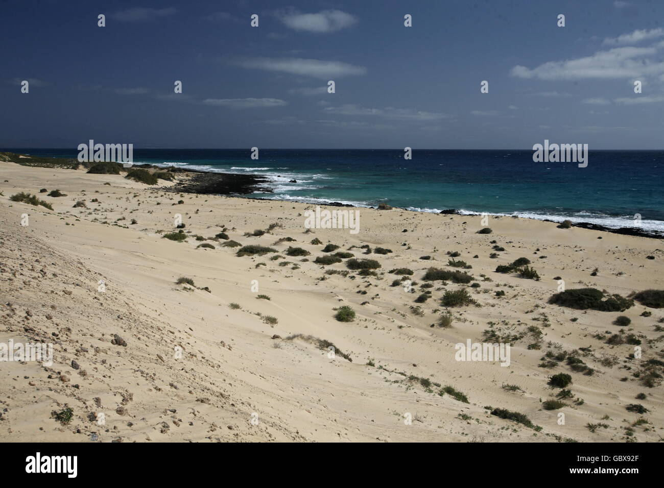 La plage à l'Sanddunes de Corralejo, au nord de l'Île Fuerteventura sur l'île des Canaries de l'Espagne dans l'Atlantique O Banque D'Images