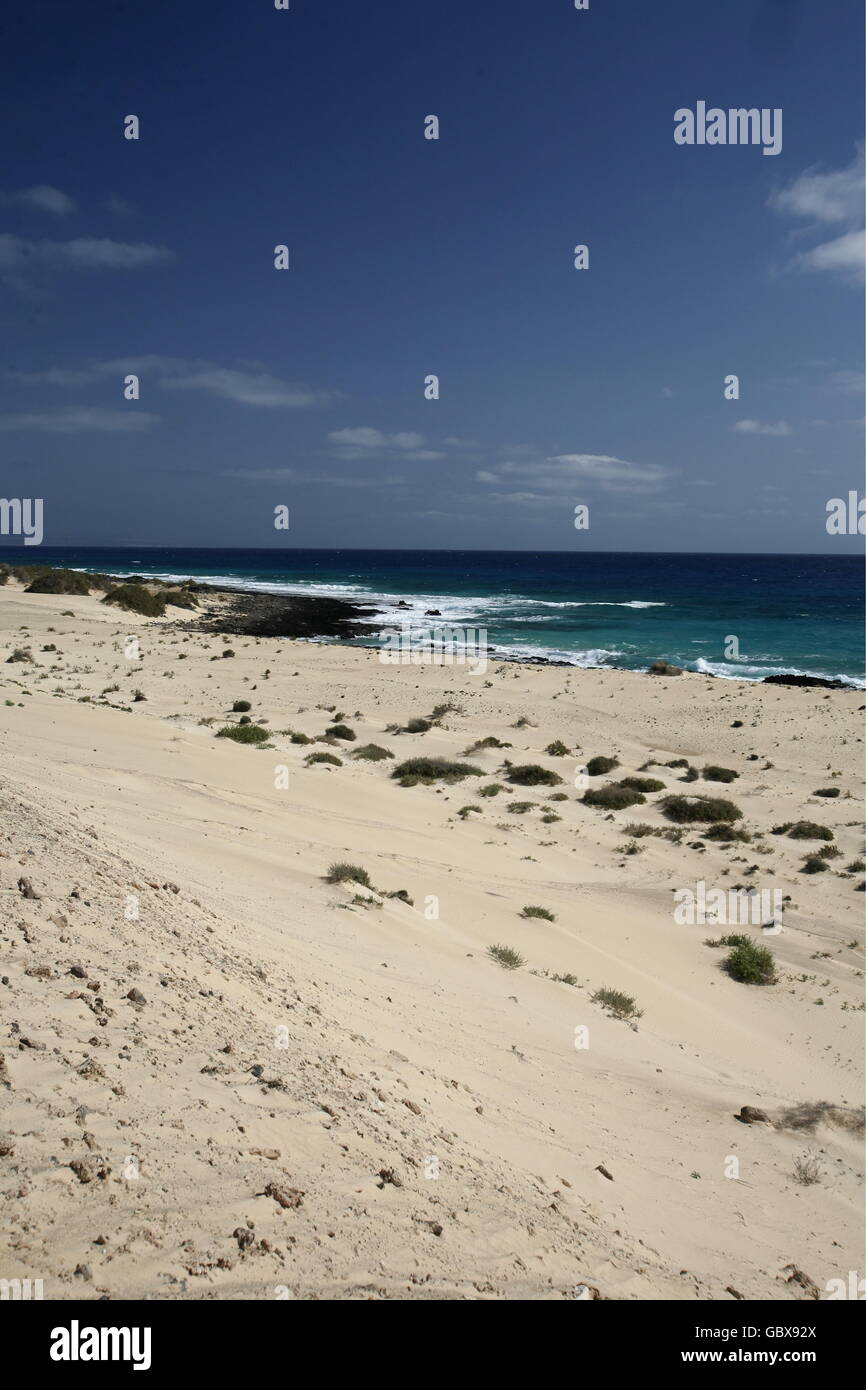 La plage à l'Sanddunes de Corralejo, au nord de l'Île Fuerteventura sur l'île des Canaries de l'Espagne dans l'Atlantique O Banque D'Images
