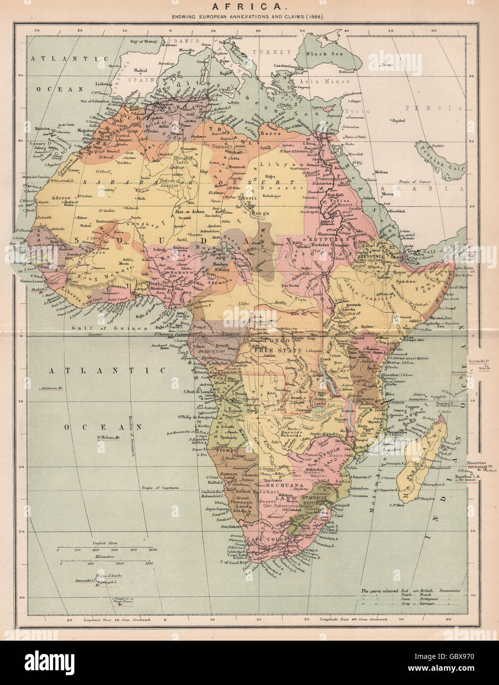 L'Afrique. L'Afrique du Sud, 1885 carte antique Banque D'Images
