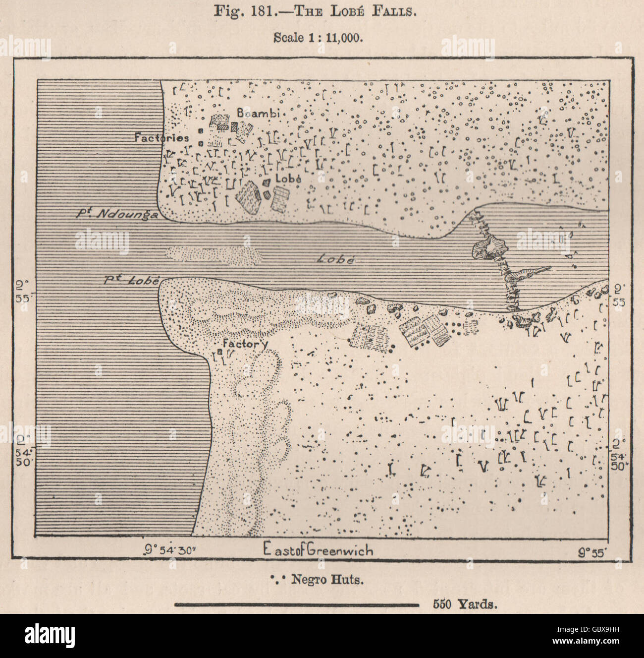La Lobé Chutes d'eau. Cameroun, 1885 carte antique Banque D'Images