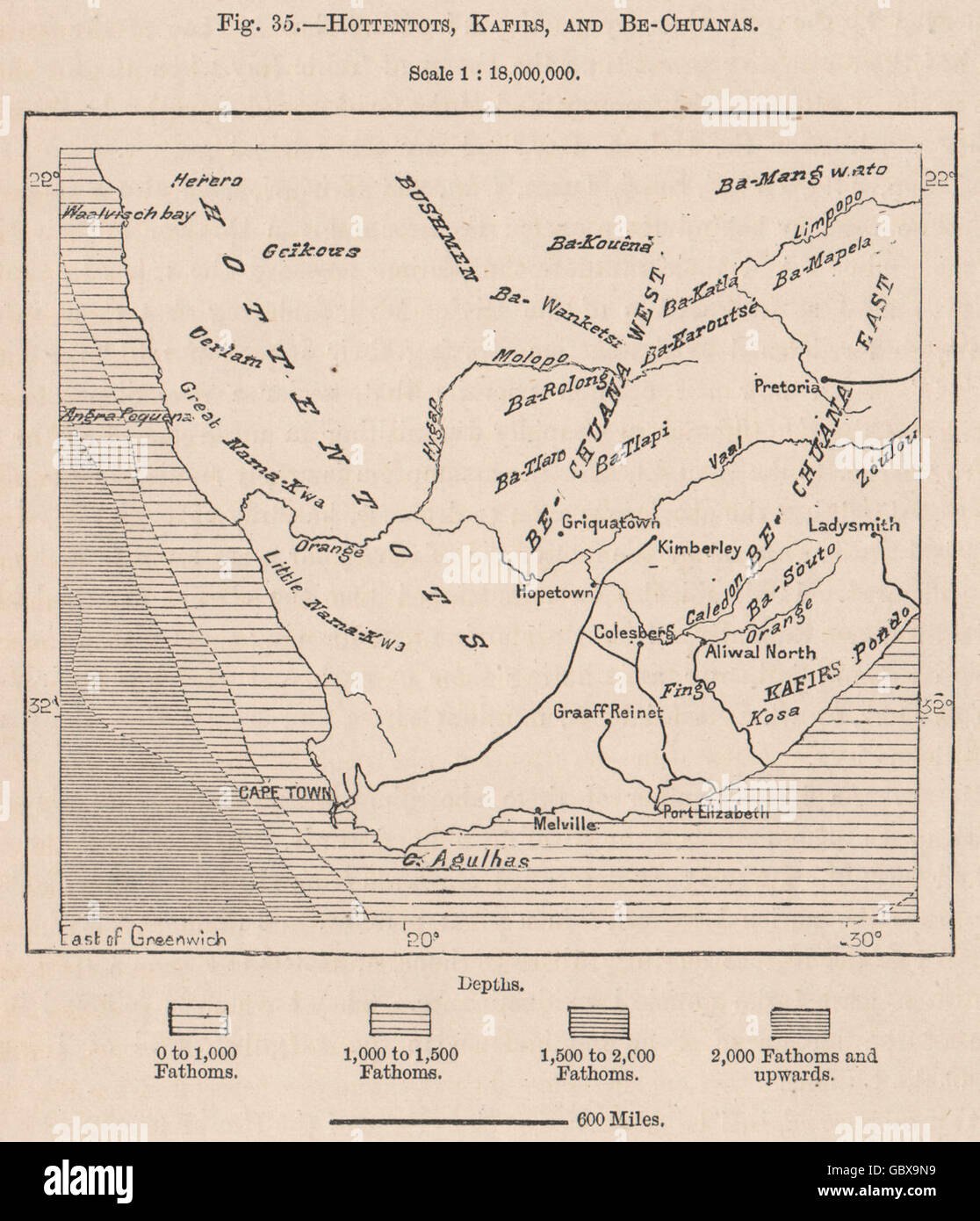 Hottentots, Kafirs et Bechuanas. L'Afrique du Sud, 1885 carte antique Banque D'Images