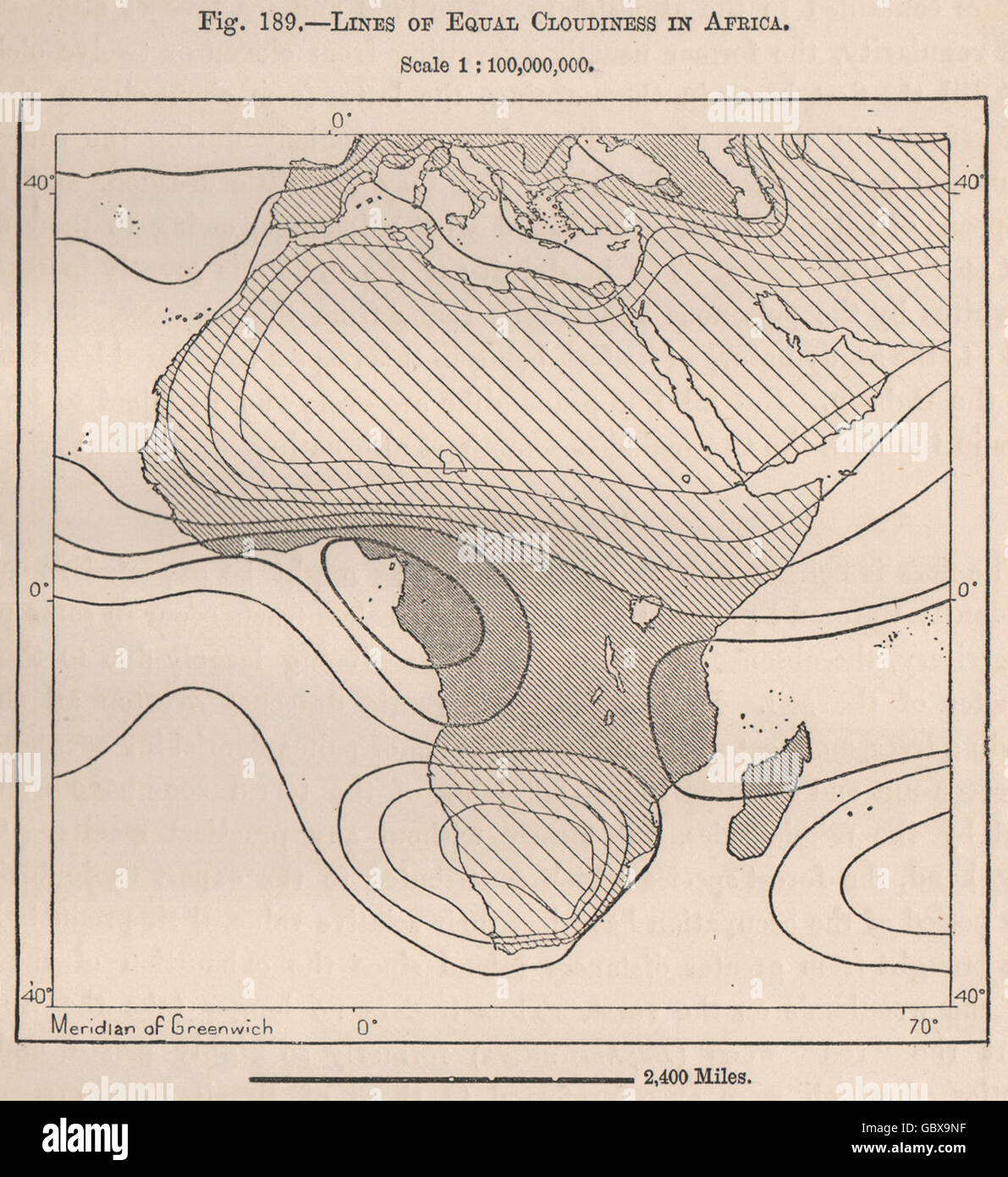 Des lignes d'égale de nuages en Afrique, 1885 carte antique Banque D'Images