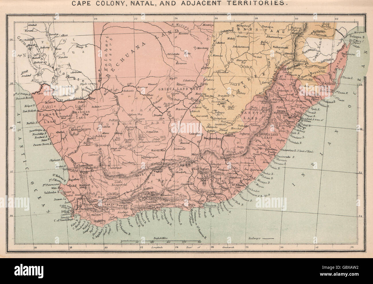 La colonie du Cap, Natal, et territoires voisins. L'Afrique du Sud, 1885 carte antique Banque D'Images
