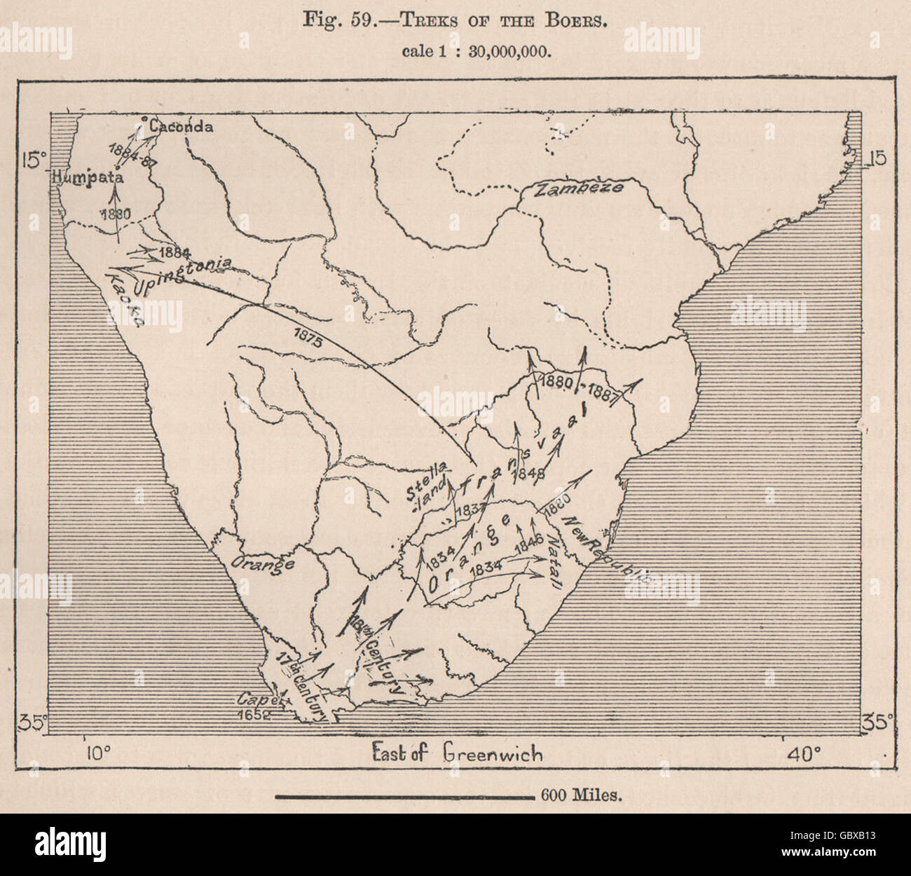 Treks les Boers. L'Afrique, 1885 carte antique Banque D'Images