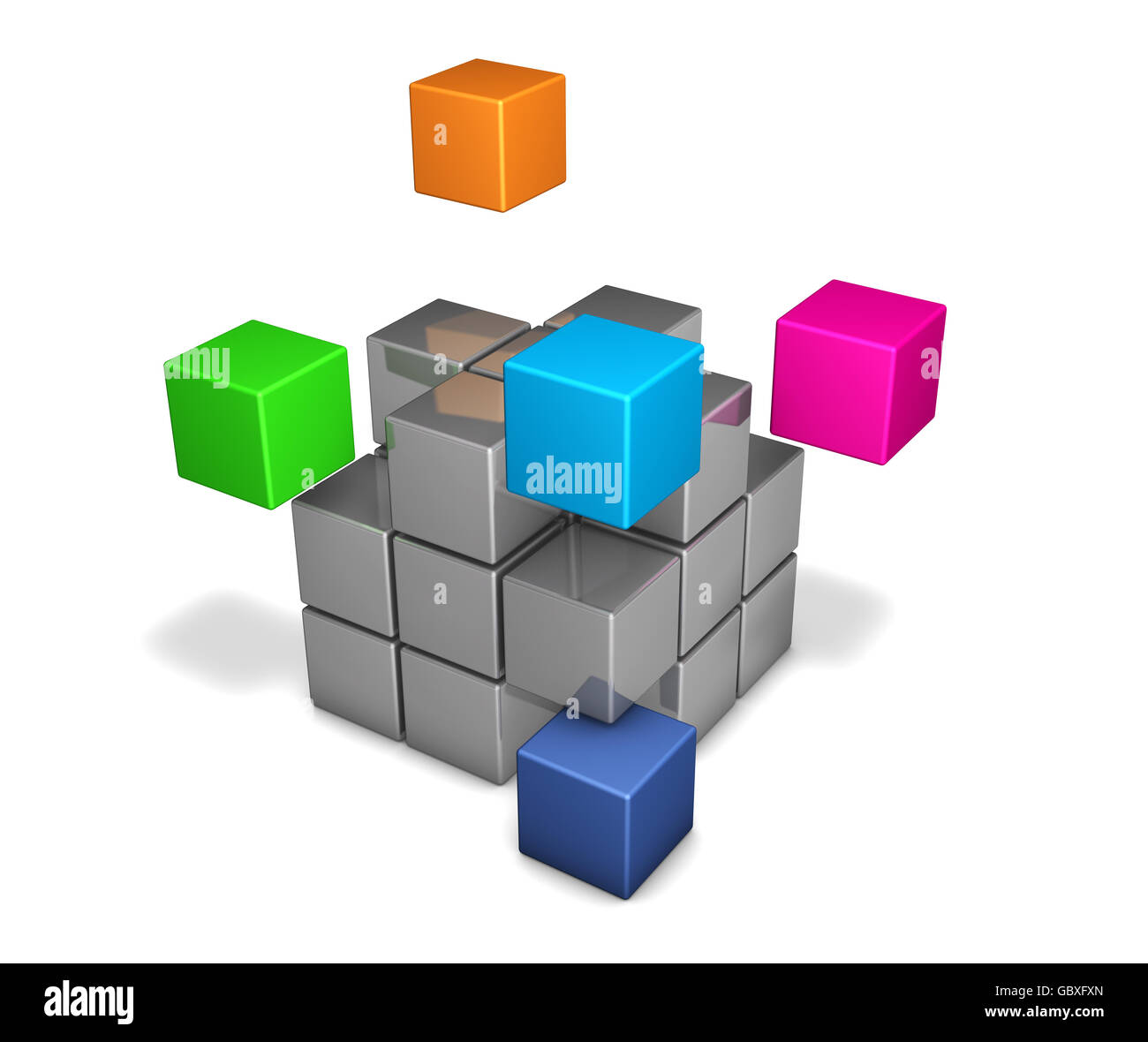 Le travail d'équipe et collaboration de projet d'entreprise concept avec des cubes colorés 3D illustration sur blanc. Banque D'Images