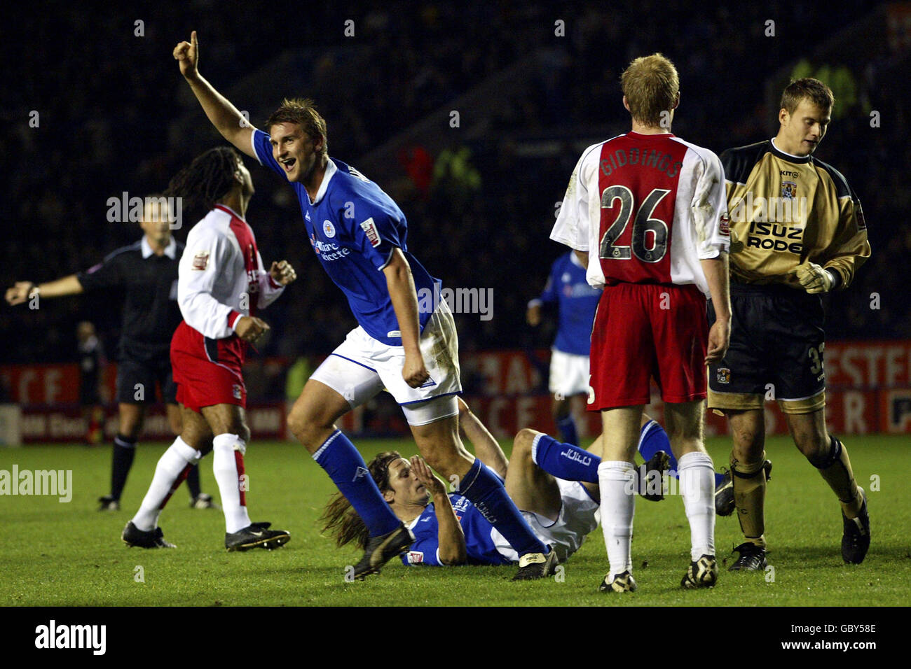 Matt Heath, de Leicester City, célèbre le troisième but contre lequel il a été attribué Coventry Banque D'Images