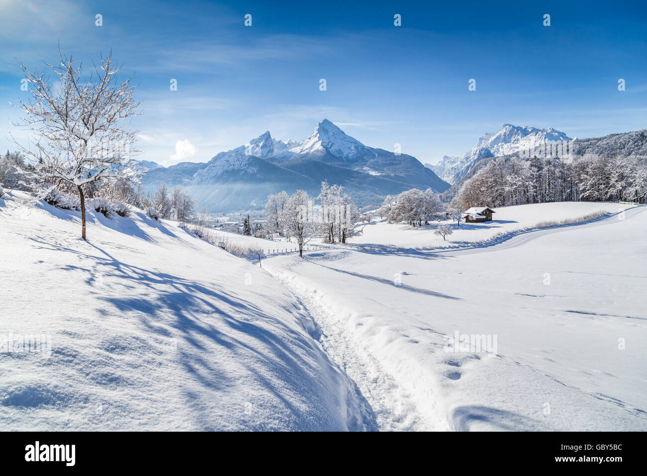 Winter Wonderland idyllique paysage avec arbres et montagnes dans les Alpes sur une journée ensoleillée avec ciel bleu et nuages Banque D'Images