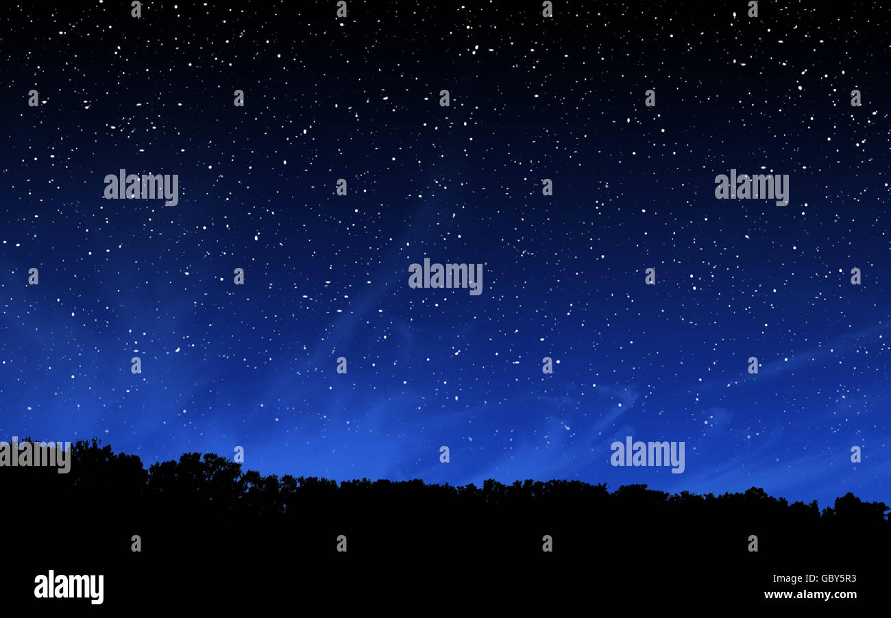 Ciel de nuit profonde avec beaucoup d'étoiles sur fond de forêt Banque D'Images