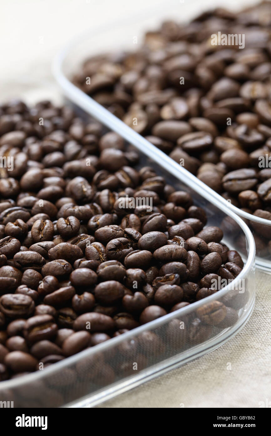 Les grains de café torréfié, peaberry et haricots plats Banque D'Images