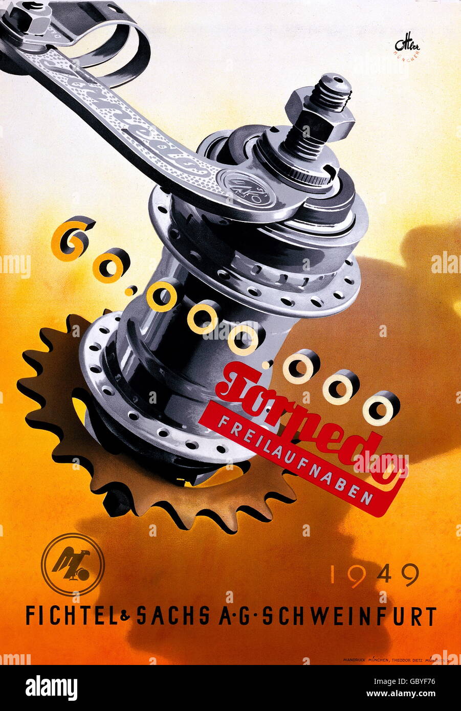 Publicité, énergie, moyeu d'entraînement sans torpille, Fichtel & Sachs AG, Schweinfurt, Theodor Dietz, Mandruck Munich, 1949, 1940, 40s, 20e siècle, historique, historique, moyeu à trois vitesses, moyeu de pignon fixe, dynamo, industrie, mécanique, roue dentée, roue à encoches, roues dentées, roues à encoches, moyeu, moyeu de roue, moyeux de roue, 60000000 millions, 60 millions, Période d'après-guerre, droits supplémentaires-Clearences-non disponible Banque D'Images