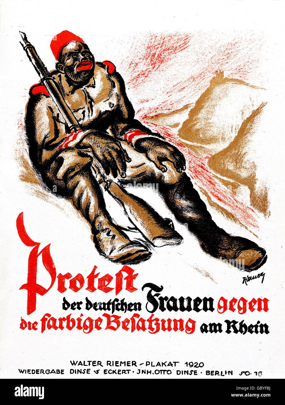 Politique, propagande, affiche 'protestation des femmes allemandes contre les forces d'occupation colorées sur le Rhin', projet: Walter Riemer, imprimé: Dinse & Eckert, 1920, droits additionnels-Clearences-non disponible Banque D'Images