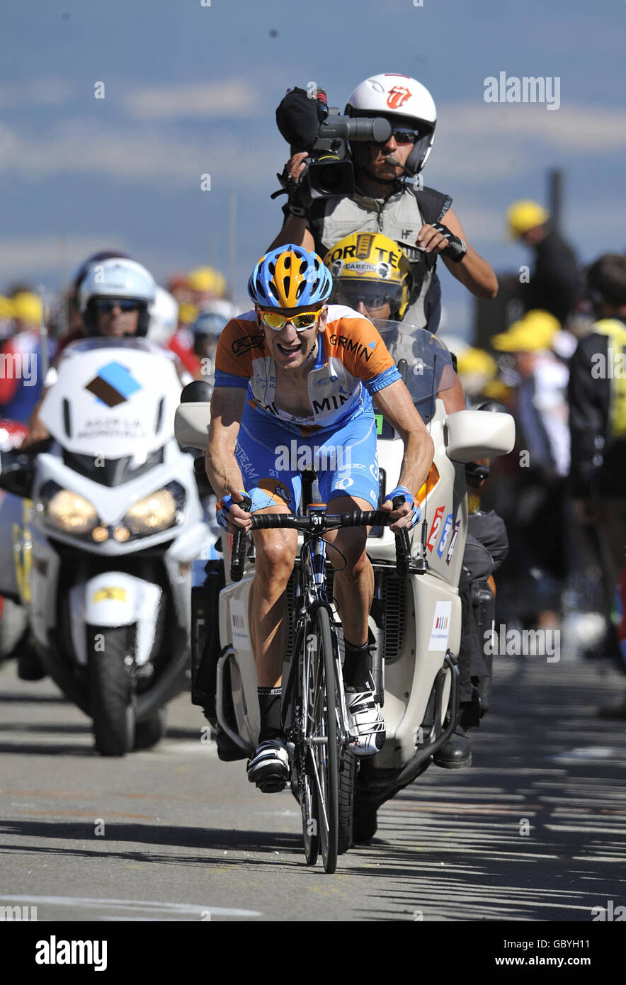 Bradley Wiggins, de Garmin Slipstream, s'entraîne pour la ligne pendant la vingtième étape du Tour de France entre Montélimar et Mont Ventaux, France. Banque D'Images