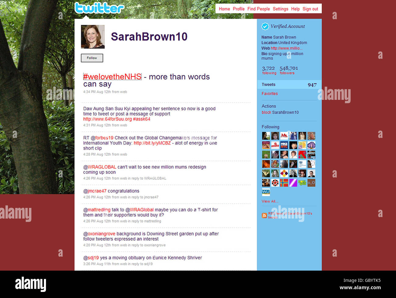 Un screengrab sans date tiré de Twitter des commentaires de l'épouse du Premier ministre Sarah Brown défendant le NHS sur le site de réseautage social Twitter. Banque D'Images