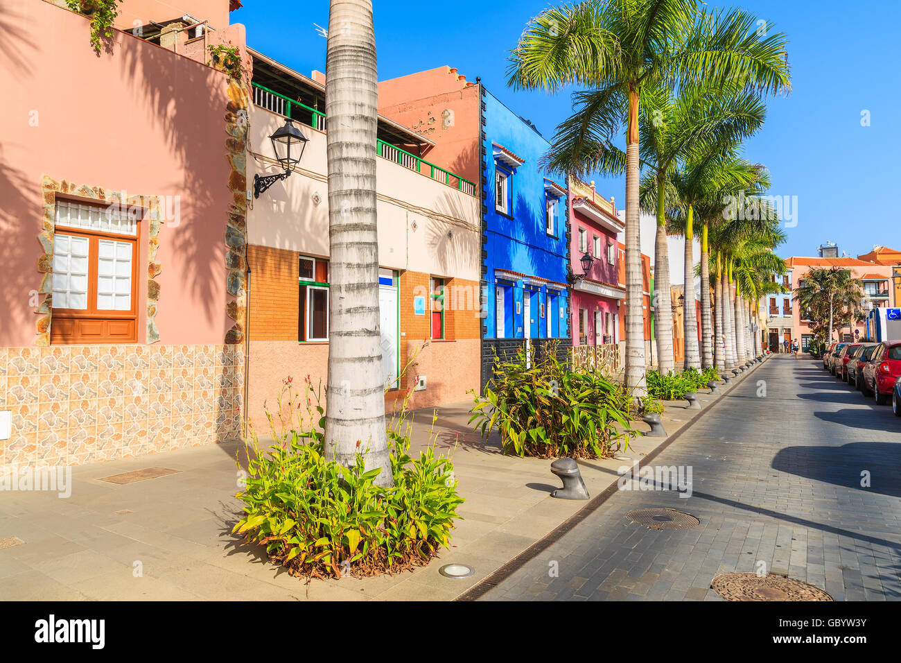 Maisons colorées et de palmiers sur rue dans la ville de Puerto de la Cruz, Tenerife, Canaries, Espagne Banque D'Images