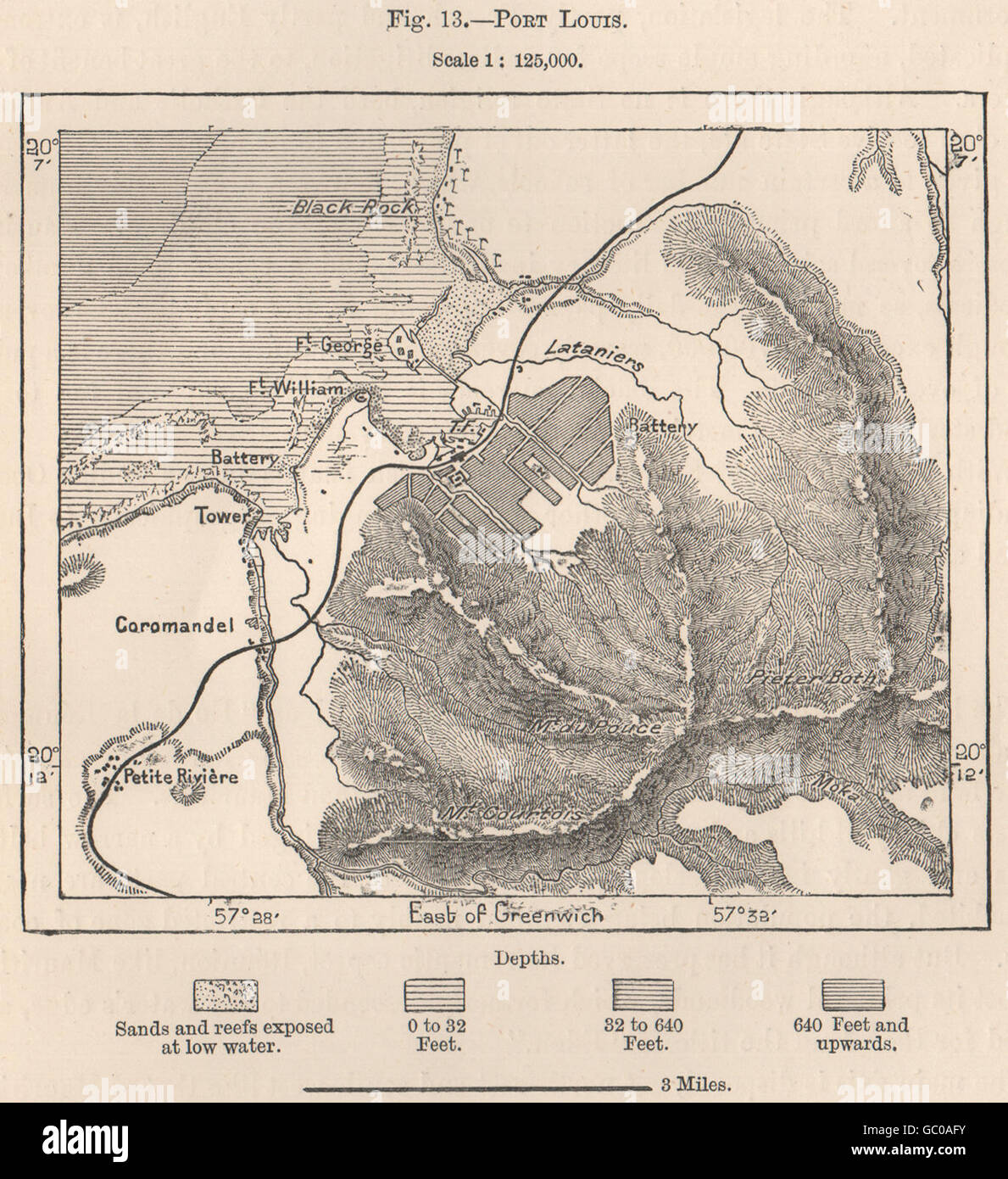 Port Louis. L'île Maurice. Mascareignes. Mascarenhas archipel, 1885 map Banque D'Images