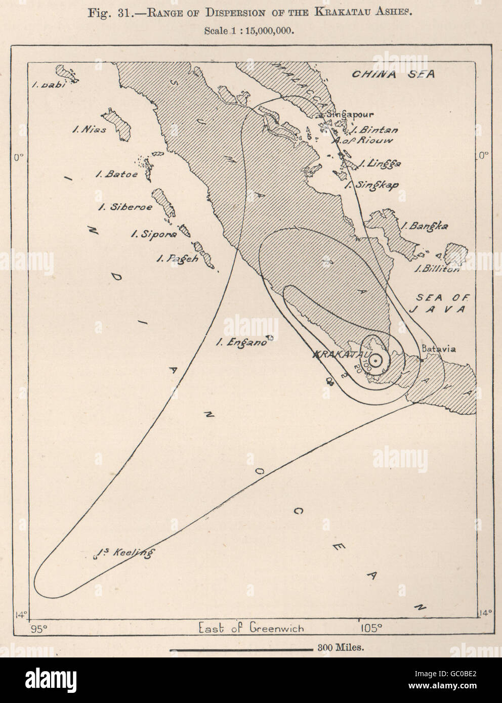 Gamme de dispersion des cendres de Krakatoa. L'Indonésie. East Indies, 1885 map Banque D'Images