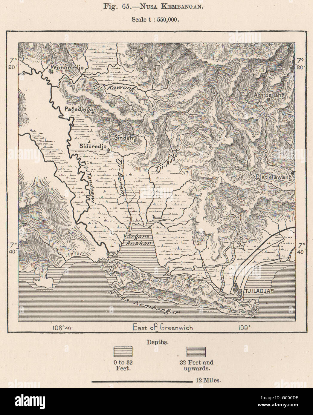 L'île de Nusa Kambangan & Cilacap. Java Indonésie. East Indies, 1885 carte antique Banque D'Images