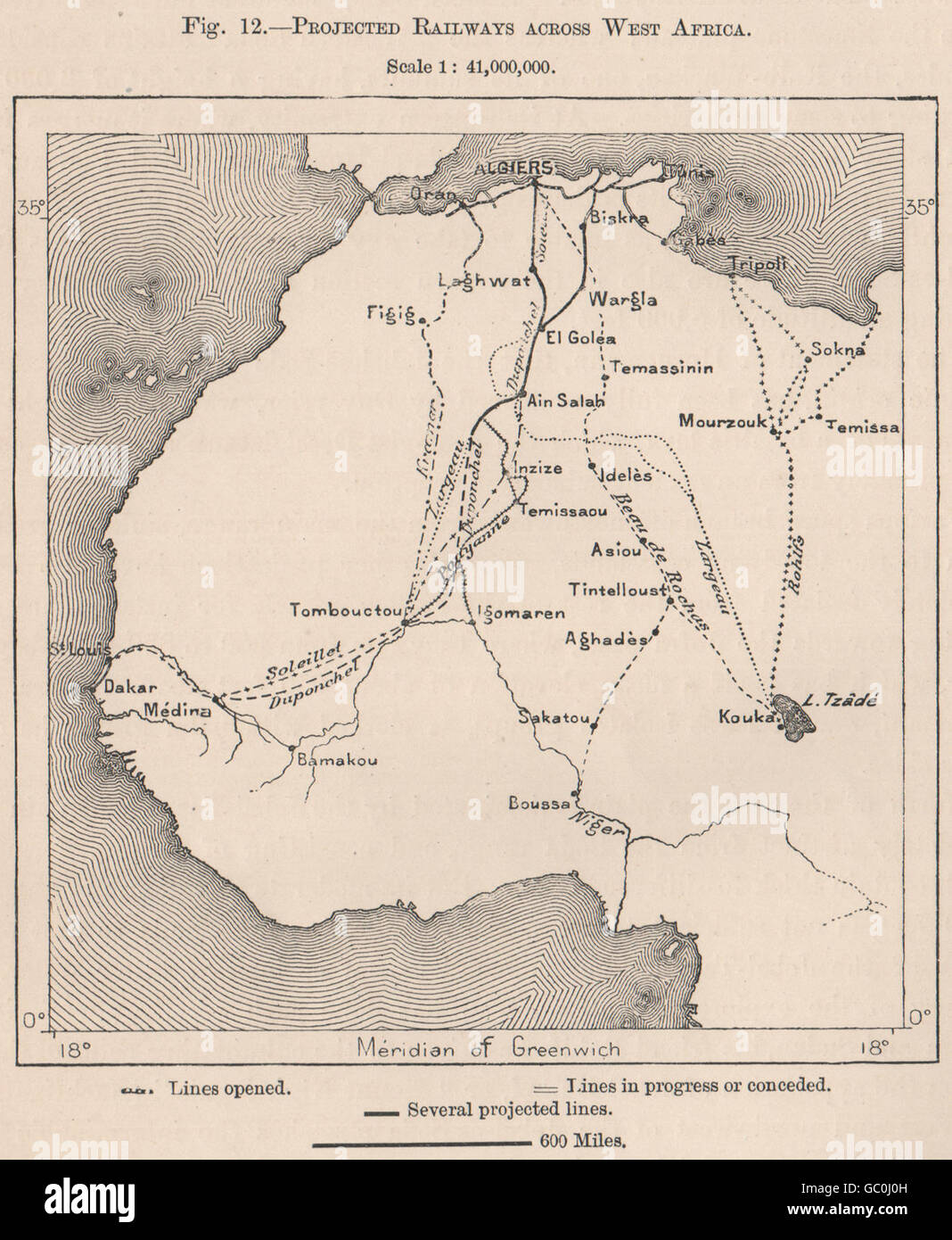 Chemins de fer projetée à travers l'Afrique de l'Ouest, 1885 carte antique Banque D'Images