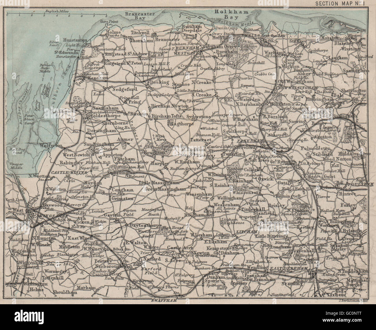 Côte nord du comté de Norfolk. King's Lynn Fakenham. BARTHOLOMEW, 1883 carte antique Banque D'Images