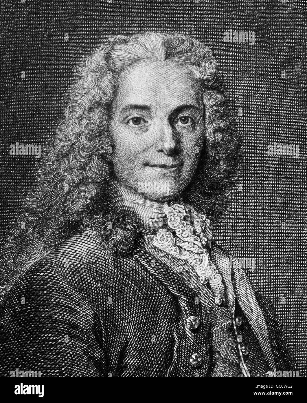 Voltaire (François-Marie Arouet : 1694-1778), l'écrivain et philosophe des Lumières françaises. Gravure de François-Joseph-Etienne Beisson, c.1785-1789, à partir d'une peinture de Nicolas de Largillierre, c.1724-1725 Banque D'Images