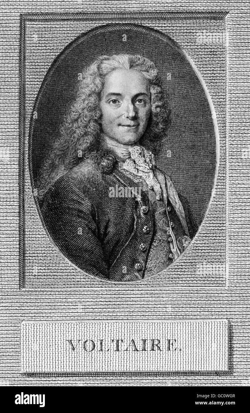 Voltaire (François-Marie Arouet : 1694-1778), l'écrivain et philosophe des Lumières françaises. Gravure de François-Joseph-Etienne Beisson, c.1785-1789, à partir d'une peinture de Nicolas de Largillierre, c.1724-1725 Banque D'Images