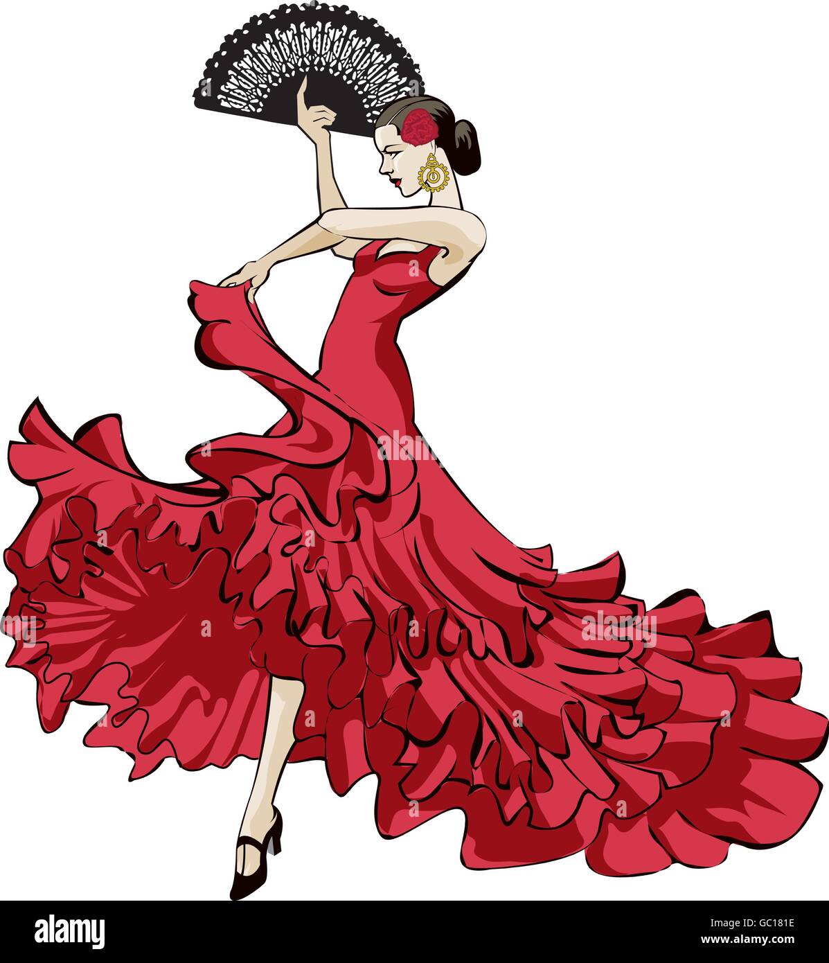 Vector illustration originale d'une danseuse de flamenco espagnol en robe rouge longue avec ventilateur en passionné de danse Illustration de Vecteur