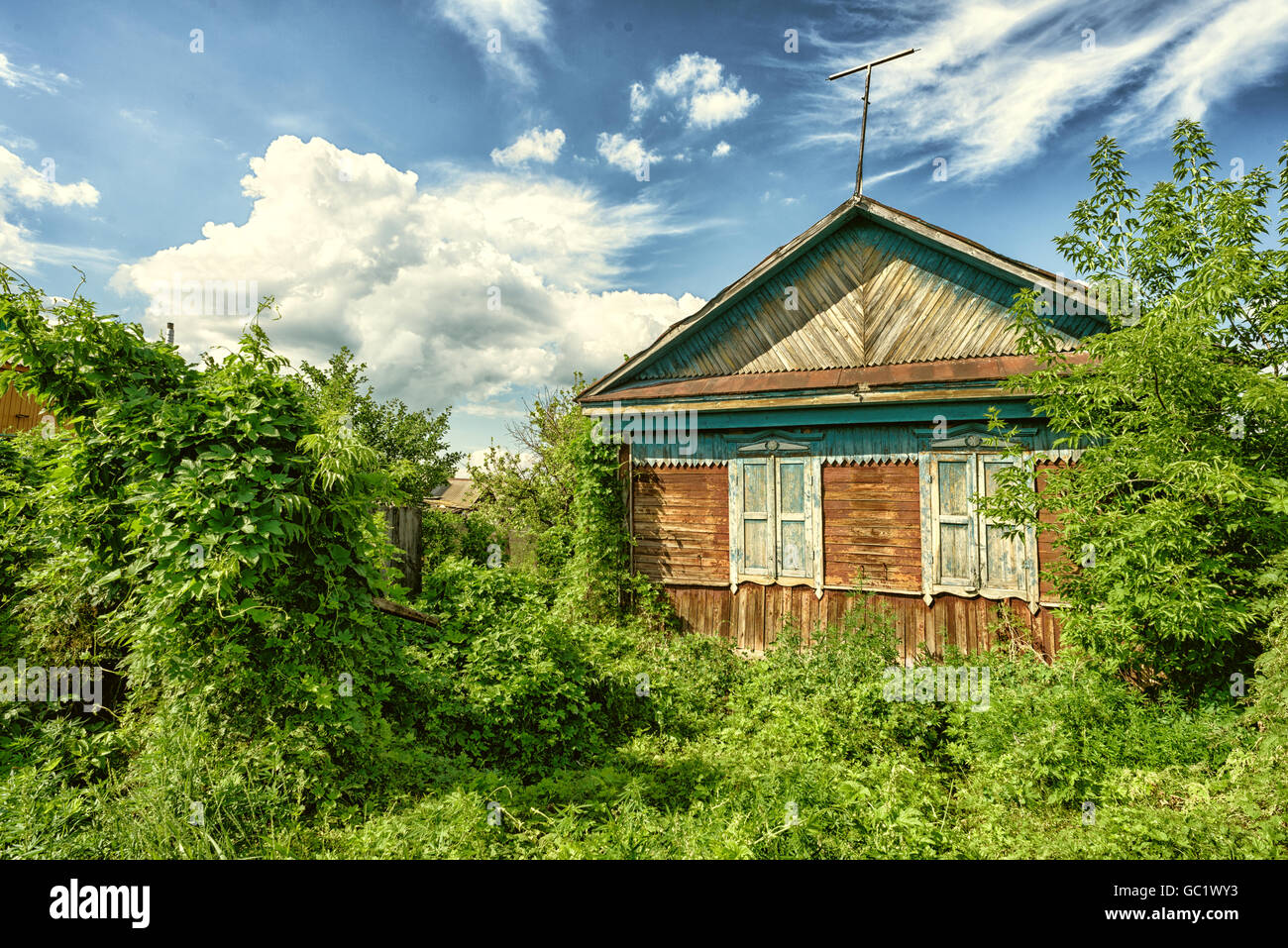Abandonné envahi par la maison en bois en sous-bois dense verdure épaisse Banque D'Images