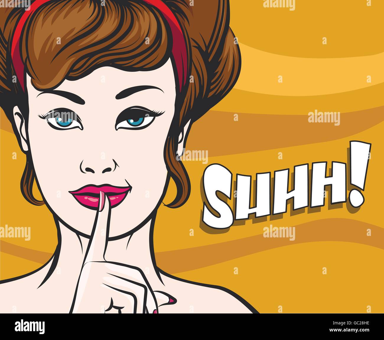 Femme avec le doigt sur ses lèvres. Hush geste et libellé chut.  Illustration dans le style popart Image Vectorielle Stock - Alamy