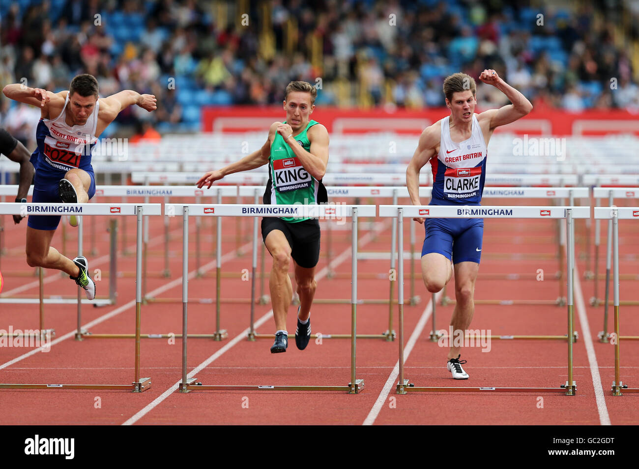 Andrew Pozzi, Lawrence Clarke & David King, men's 110m haies - 2016 Finale Championnat Britannique Alexander Stadium, Birmingham UK. Banque D'Images