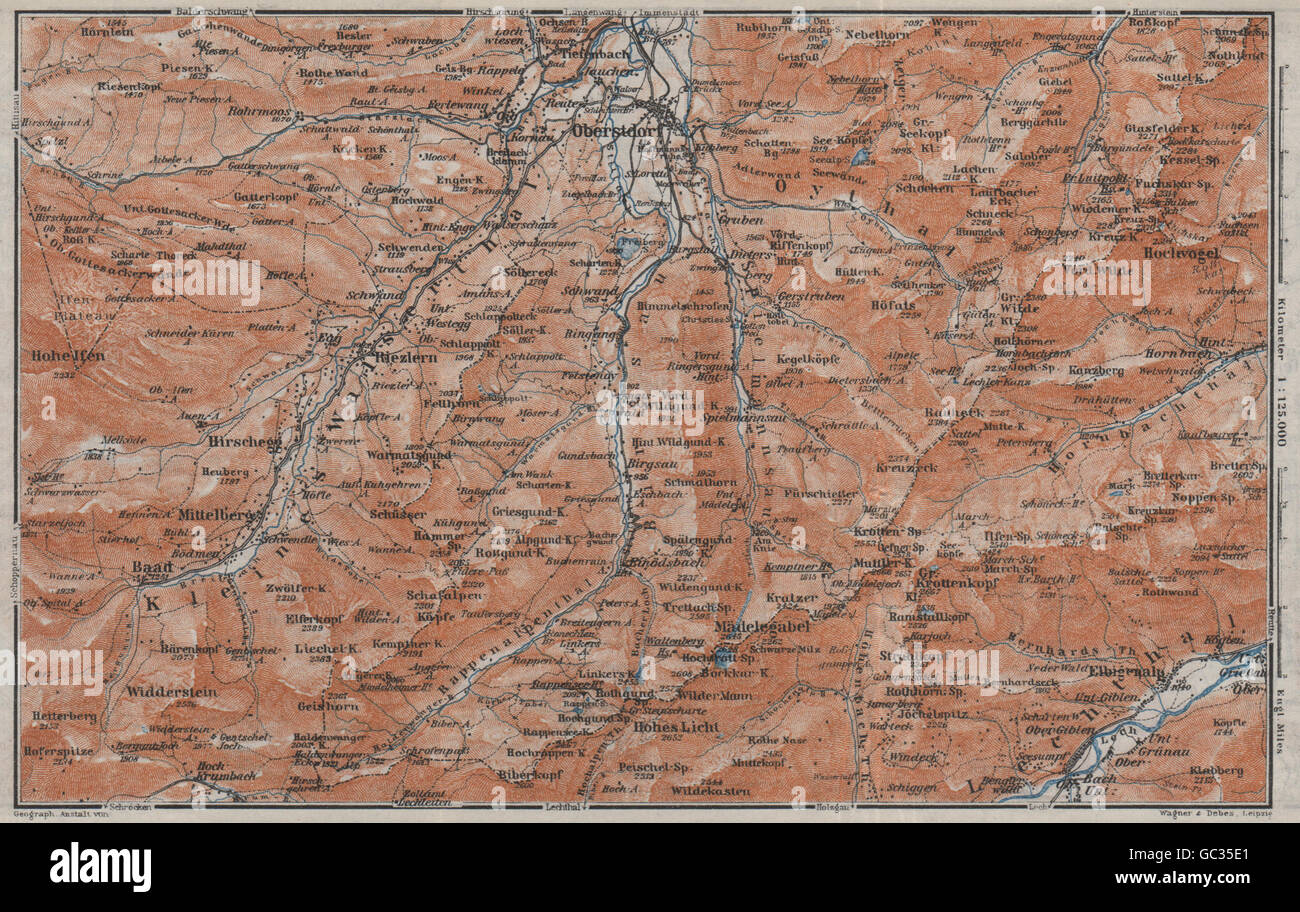 Environs d'Oberstdorf. Mittelberg Riezlern Allgäu Bayerische Alpen karte, 1923 map Banque D'Images